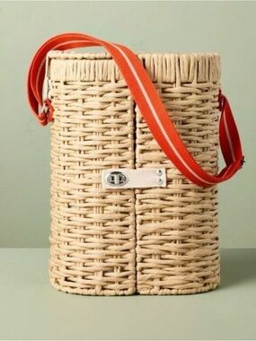 Hearth and Hand Woven Wicker Wine Basket Bottle Carrier Bag Strap & Glasses